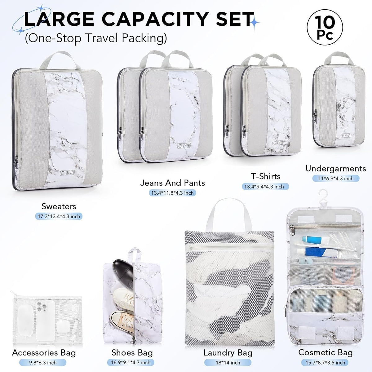 OlarHike | Compression Packing Cubes | 10 Set | White Marble