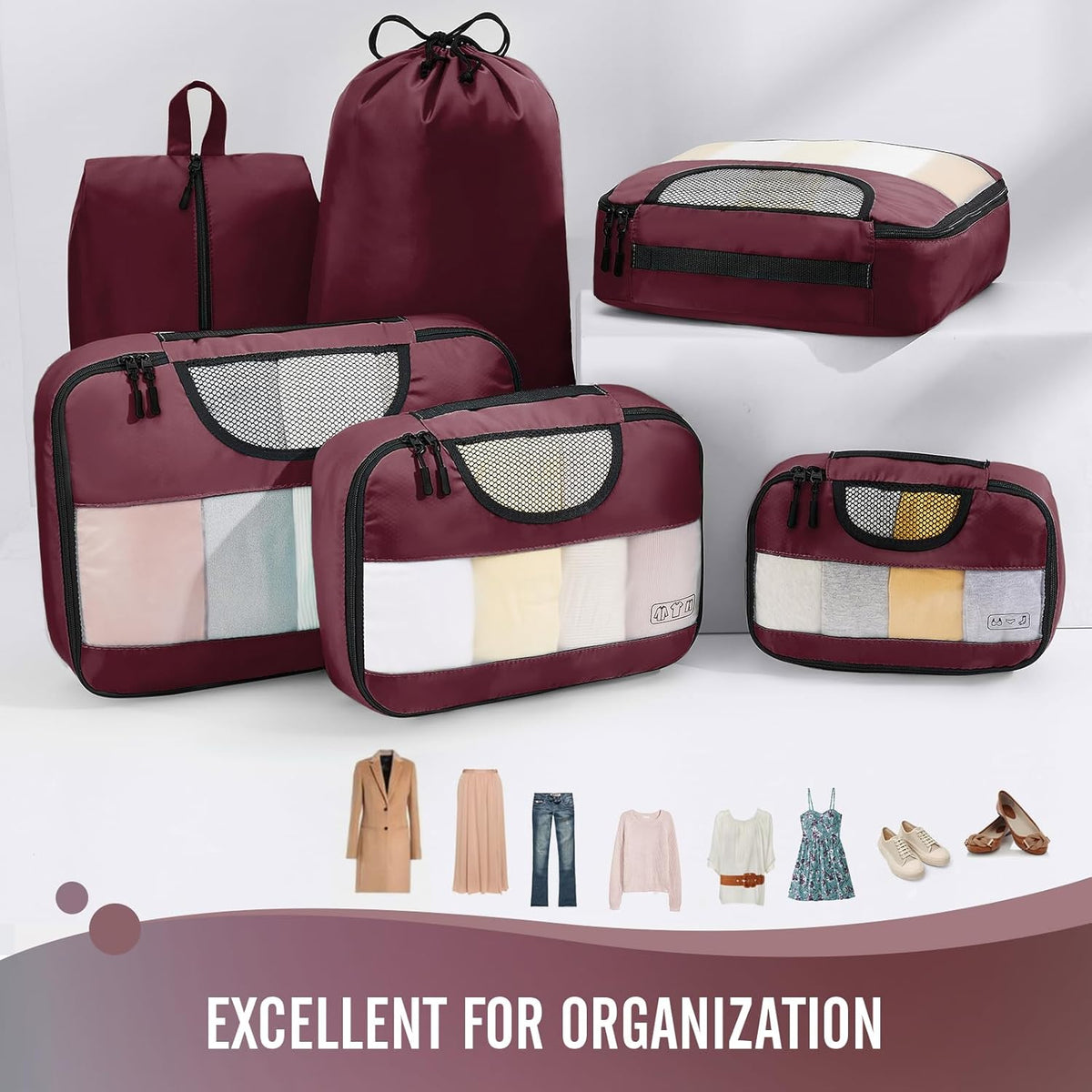 Veken | Packing Cubes | 6 Set | Wine Red