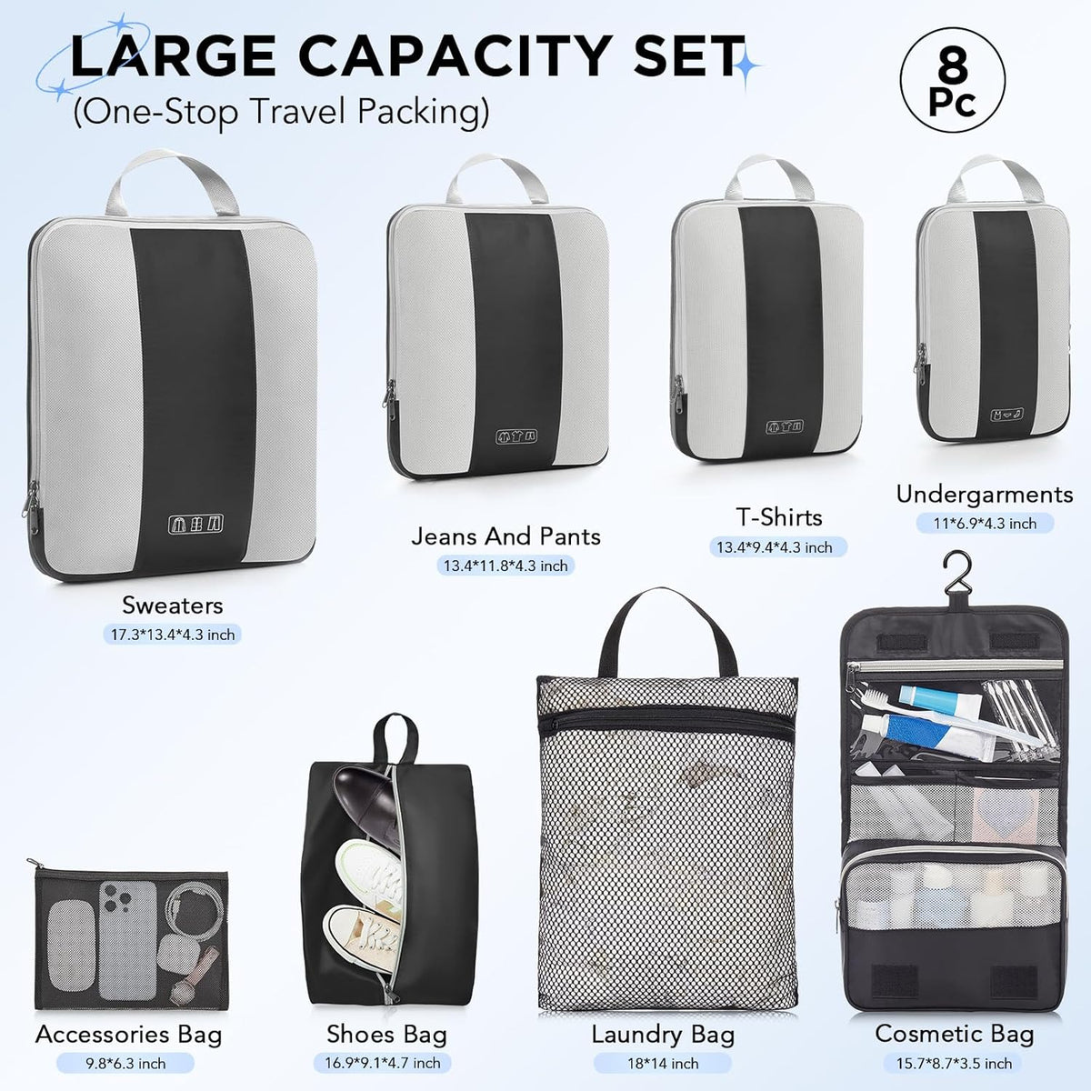 OlarHike | Compression Packing Cubes | 8 Set | Black