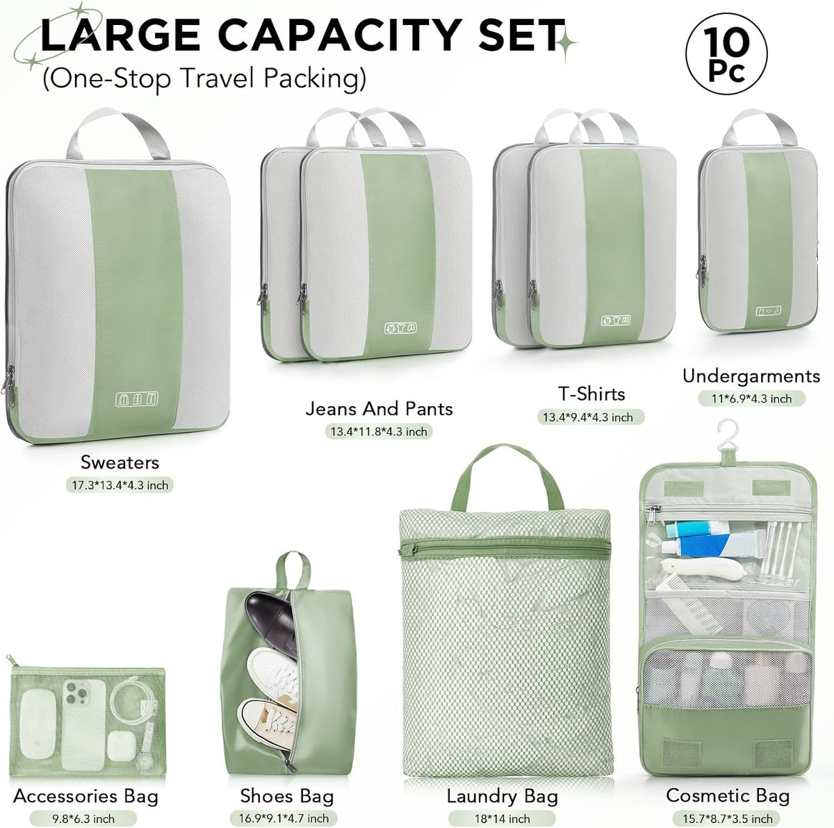 OlarHike | Compression Packing Cubes | 10 Set | Matcha Green