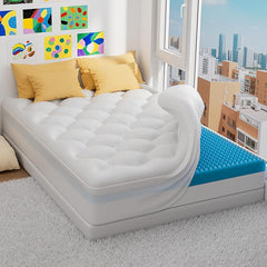 OhGeni Cooling 5 Inch Full Size Dual Layer Mattress Topper, 3 Inch Gel Memory Foam, 2 Inch Soft Pillow Top Pad, Bedroom Essentials Mattresses Cover, Extra Comfortable Sleep and Back Pain Relief - aborderproducts