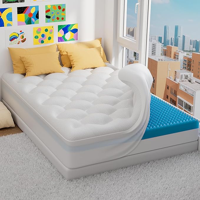 OhGeni Cooling 5 Inch Full Size Dual Layer Mattress Topper, 3 Inch Gel Memory Foam, 2 Inch Soft Pillow Top Pad, Bedroom Essentials Mattresses Cover, Extra Comfortable Sleep and Back Pain Relief