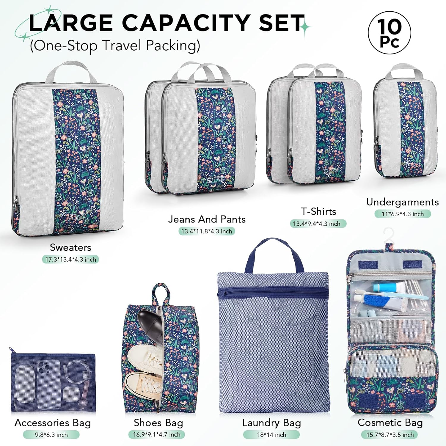 OlarHike | Compression Packing Cubes | 10 Set | Dark Blue Floral - aborderproducts