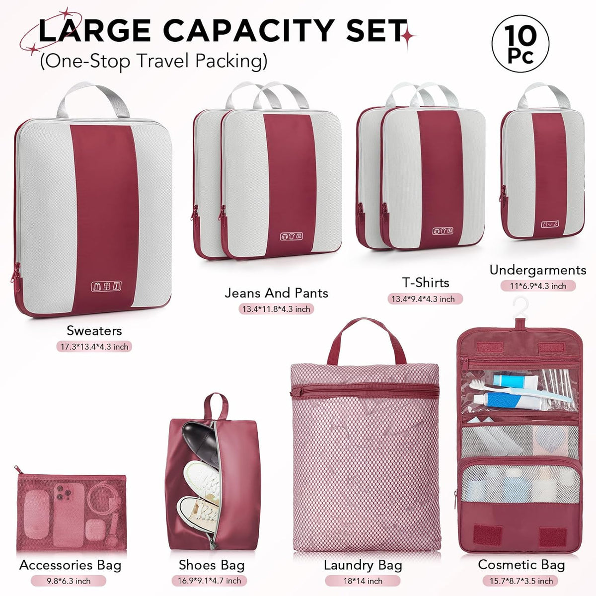 OlarHike | Compression Packing Cubes | 10 Set | Wine Red