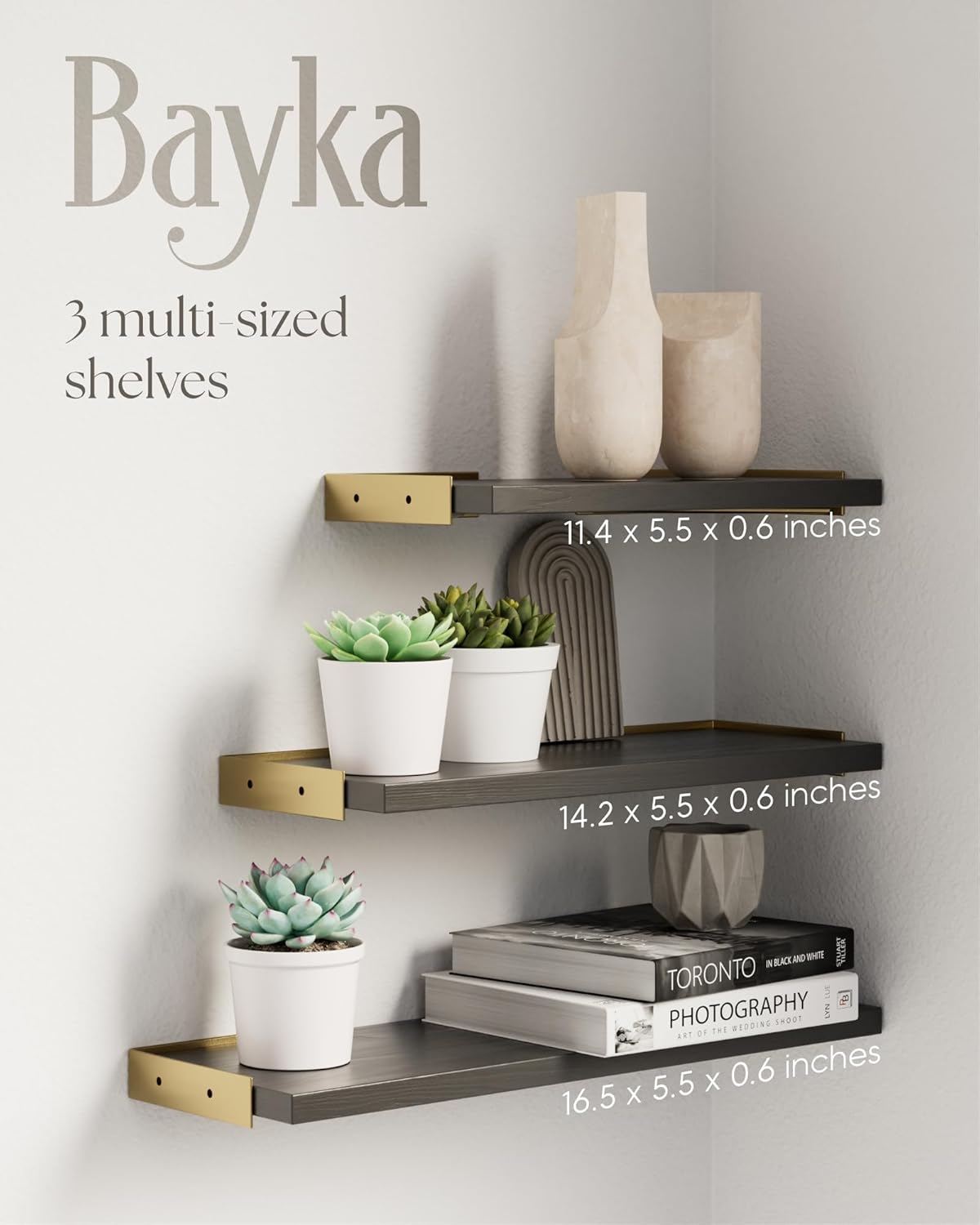 BAYKA | Floating Shelf | Black and Gold | Set of 3