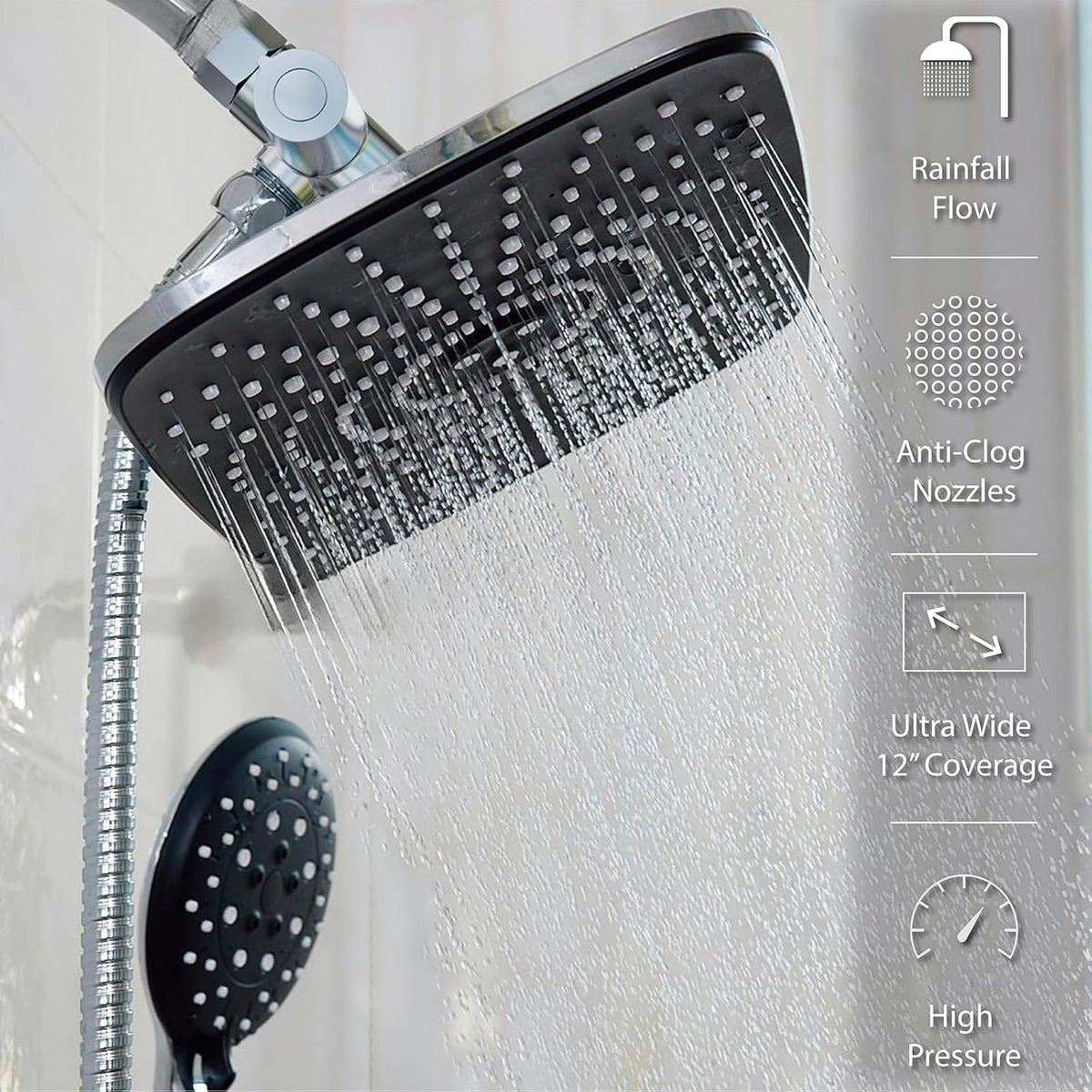 Veken 12 Inch High Pressure Rain Shower Head -Shower Heads with 5 Modes Handheld Spray Combo - Chrome