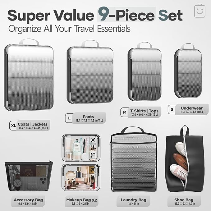 Veken 9-Piece Set Compression Organizer (Black) - aborderproducts