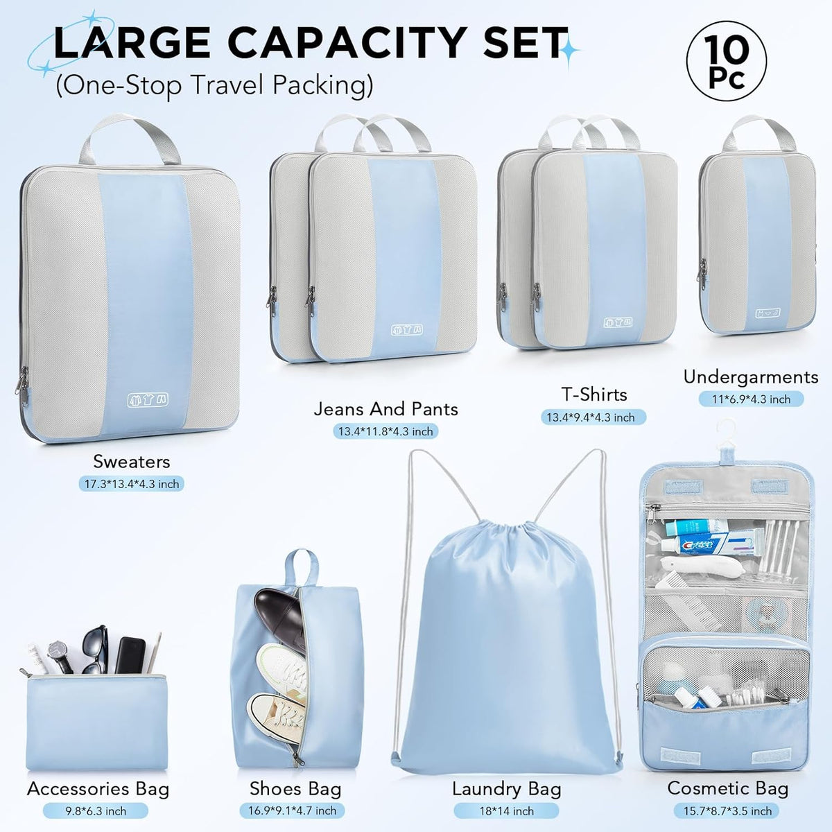 OlarHike | Compression Packing Cubes | 10 Sets | Light Blue