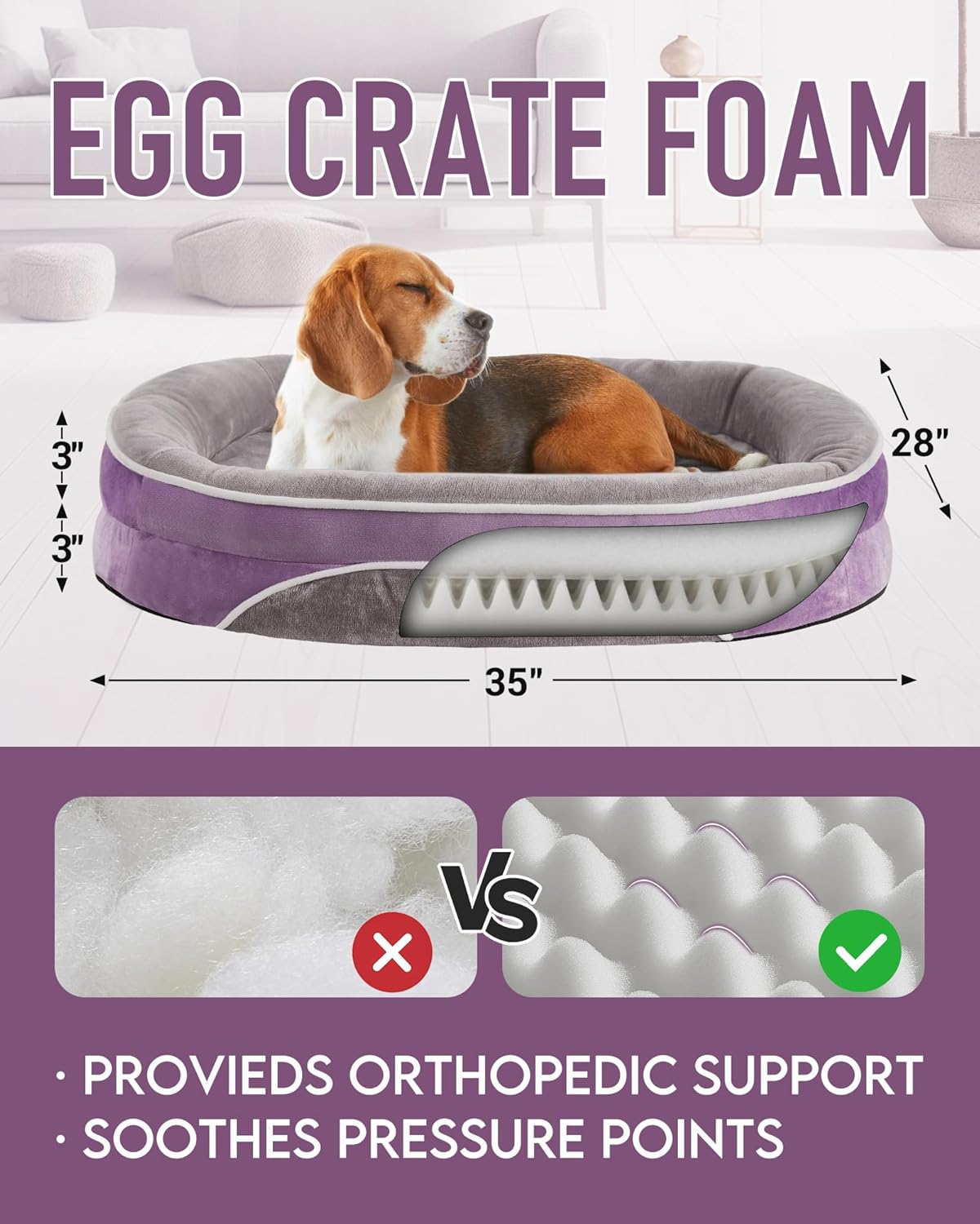 OhGeni | Orthopedic Dog Bed | Large (35 x 28 x 6 Inch) | Purple - aborderproducts