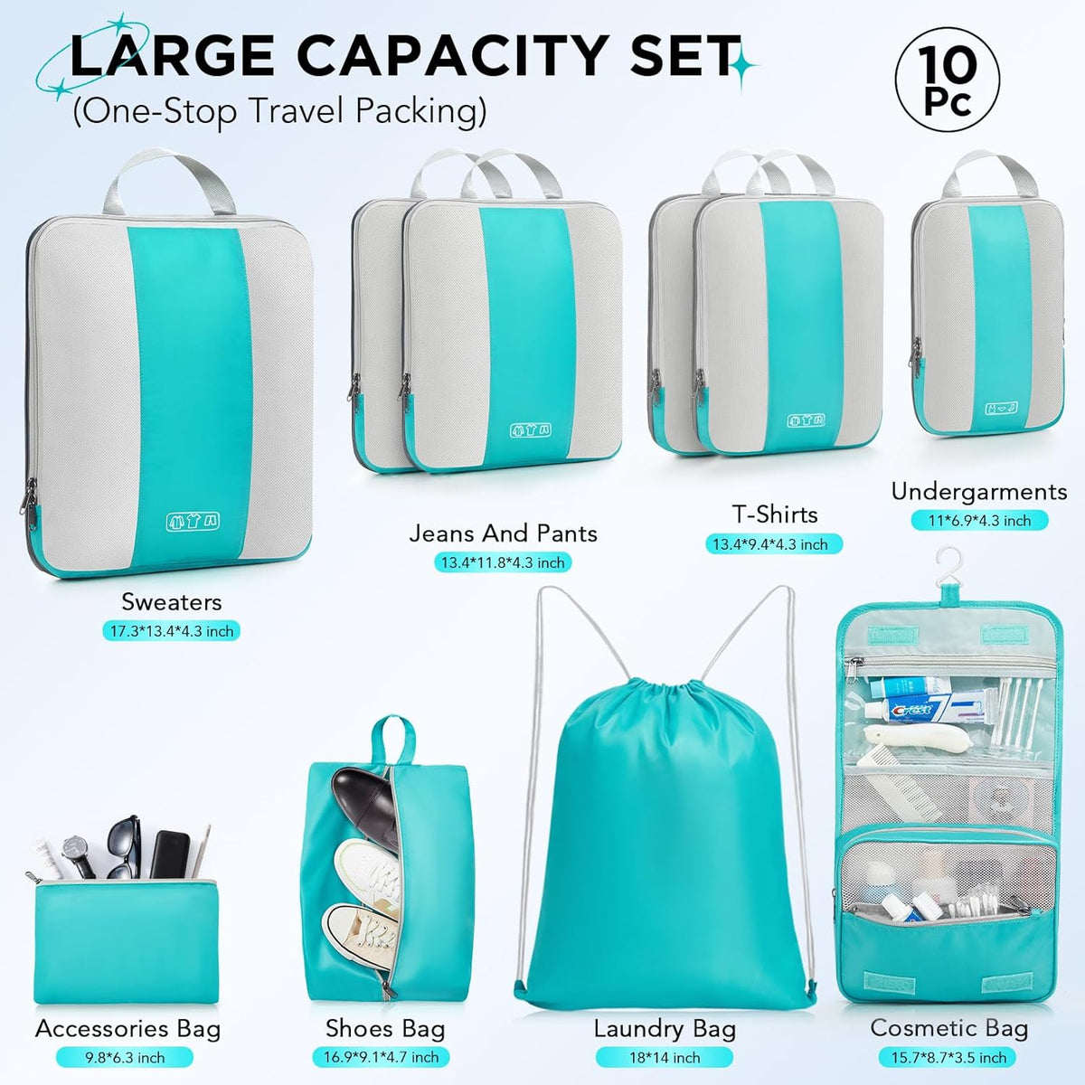 OlarHike | Compression Packing Cubes | 10 Sets | Cyan