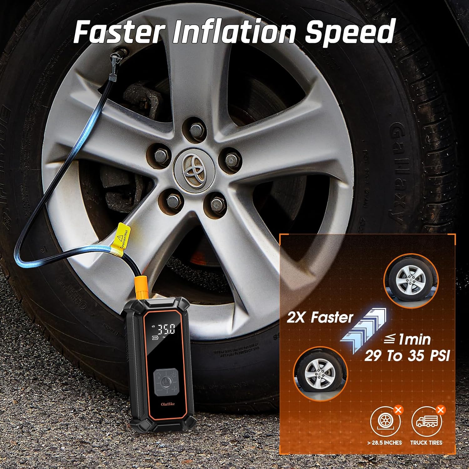Change title: OlarHike Cordless Electric Tire Inflator Portable Air Compressor, Auto Air Pump for Car Tires,SUV,Bicycle, Bike,motorcycle,ball, Tire Inflator with Digital Pressure Gauge, Smart Pump with LED Light, Gray - aborderproducts