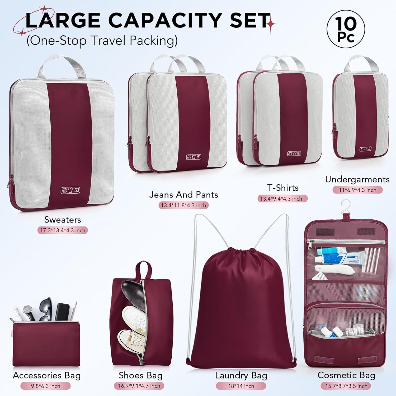 OlarHike | Compression Packing Cubes | 10 Sets | Burgundy