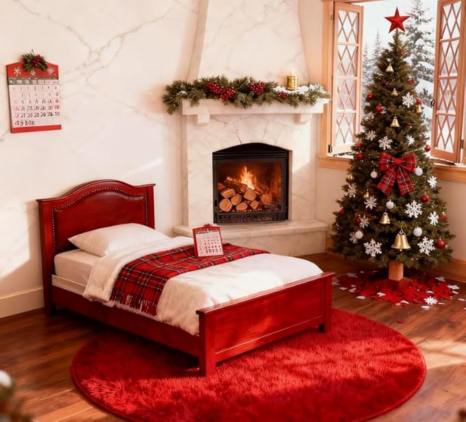 Ophanie Round Rug 4Ft Red Circle Area Rug, Christmas Room Decor, Aesthetic Nursery Bedroom Carpet, Fluffy Fuzzy Plush Soft Shaggy Living Room Rugs for Kids Boys Girls Home, Classroom