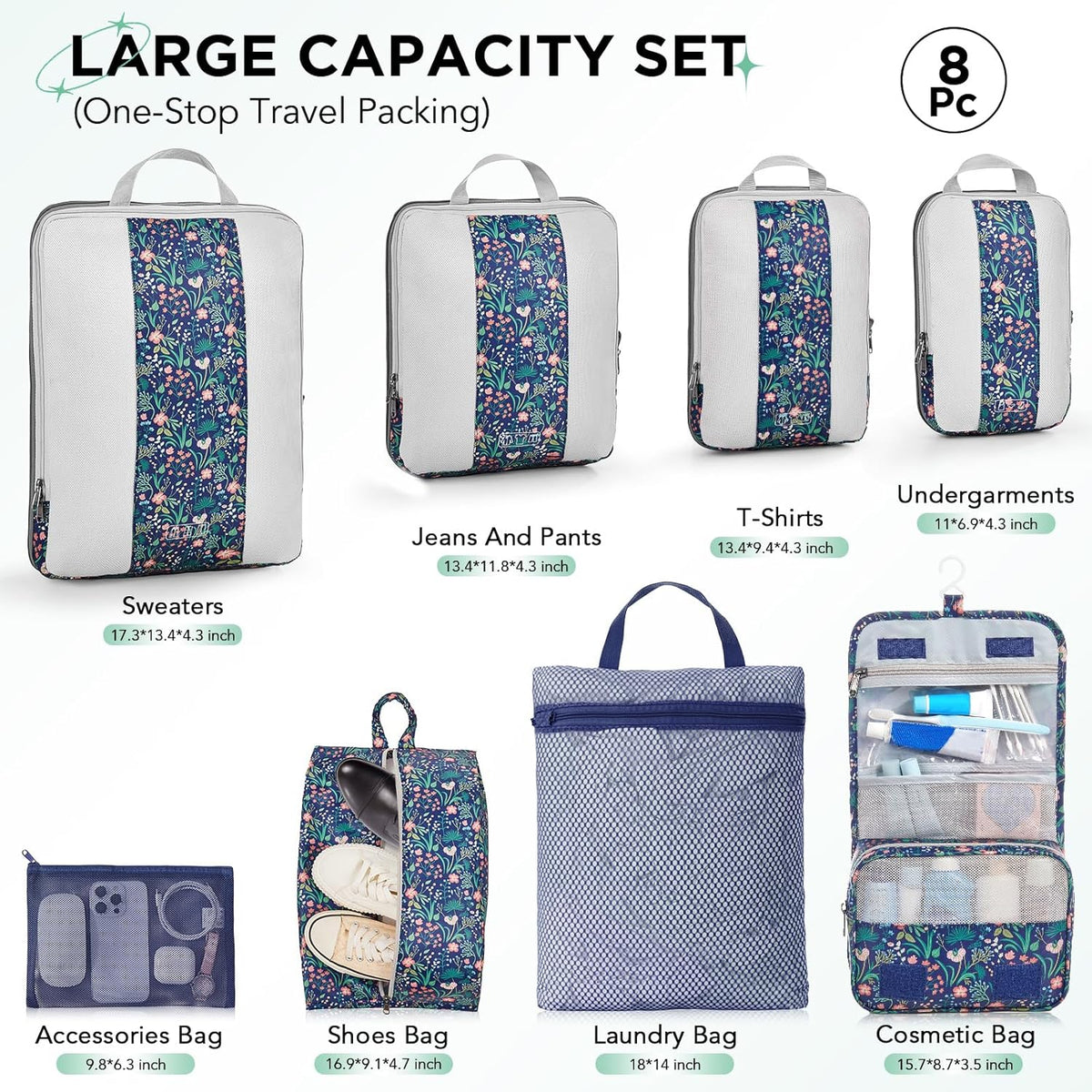 OlarHike | Compression Packing Cubes | 8 Set | Dark Blue Floral