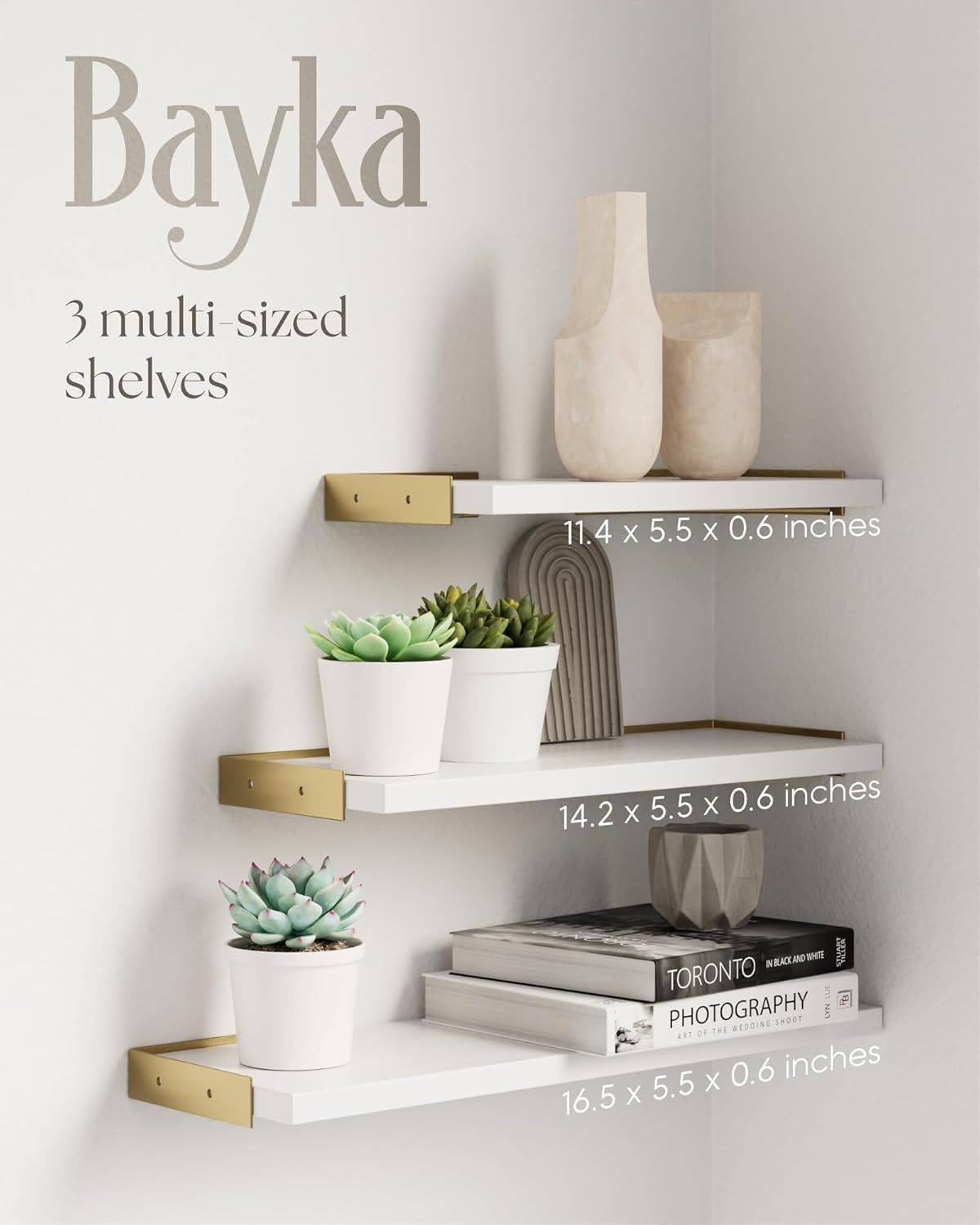 BAYKA | Floating Shelves | Set of 3 | White and Gold - aborderproducts