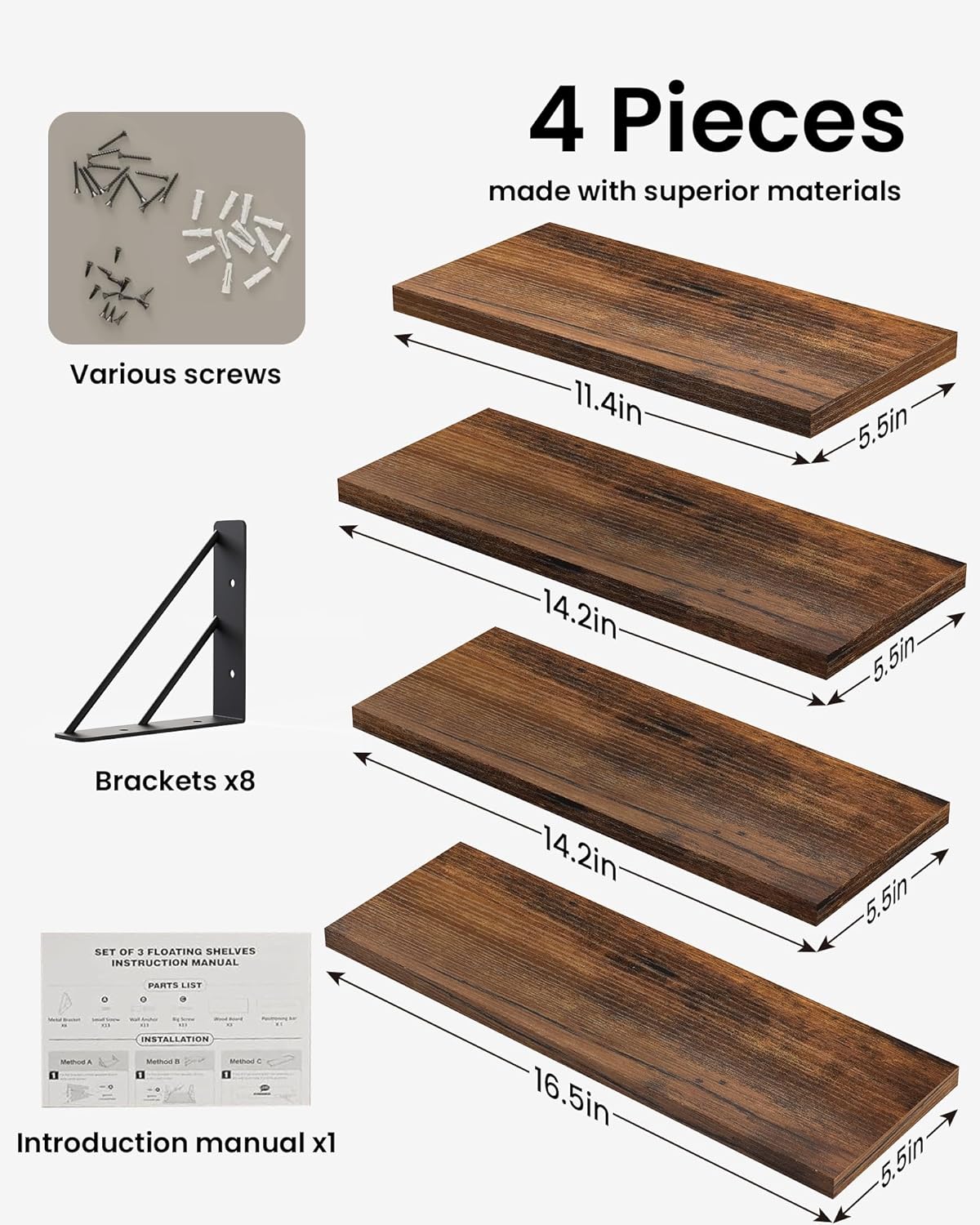 BAYKA Wall Shelves for Bedroom Decor, Floating Wall Shelves for Living Room Kitchen Storage, Wall Mounted Rustic Wood Floating Shelves for Kids Books, Corner Shelf for Bathroom(Rustic Brown，Set of 4) - aborderproducts