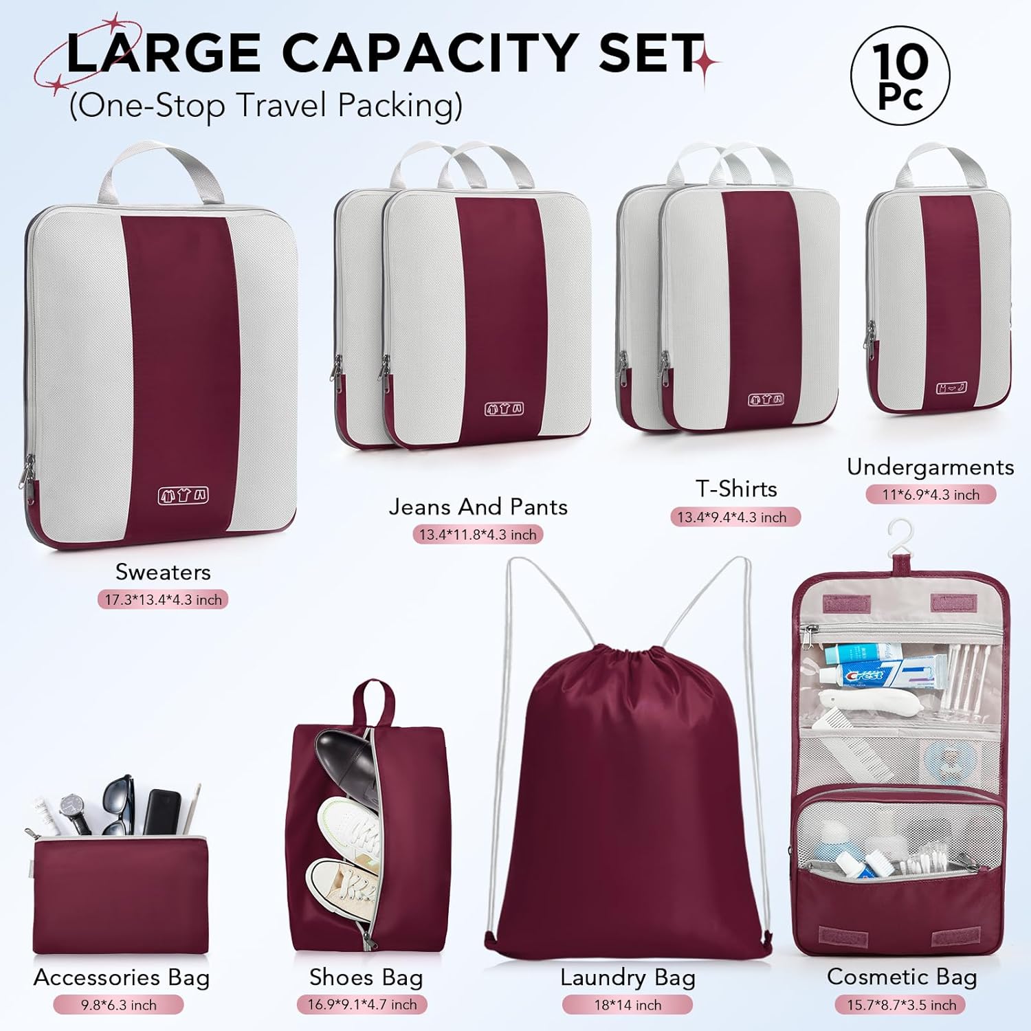 OlarHike | Compression Packing Cubes | 10 Sets | Burgundy