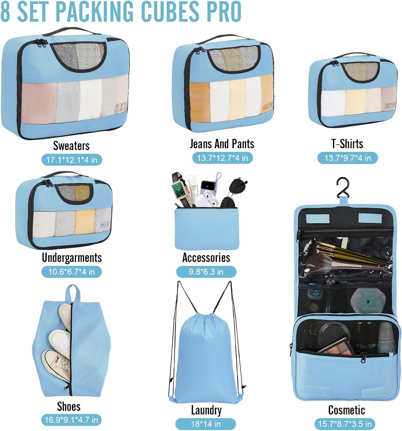 Veken | Packing Cubes | 8 Set | Light Blue - aborderproducts