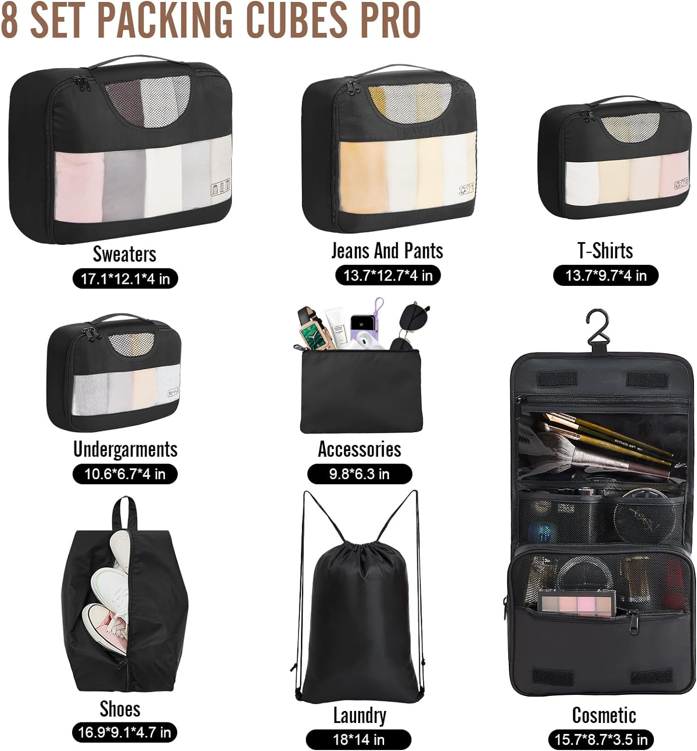 Veken | Packing Cubes | 8 Set | Black - aborderproducts