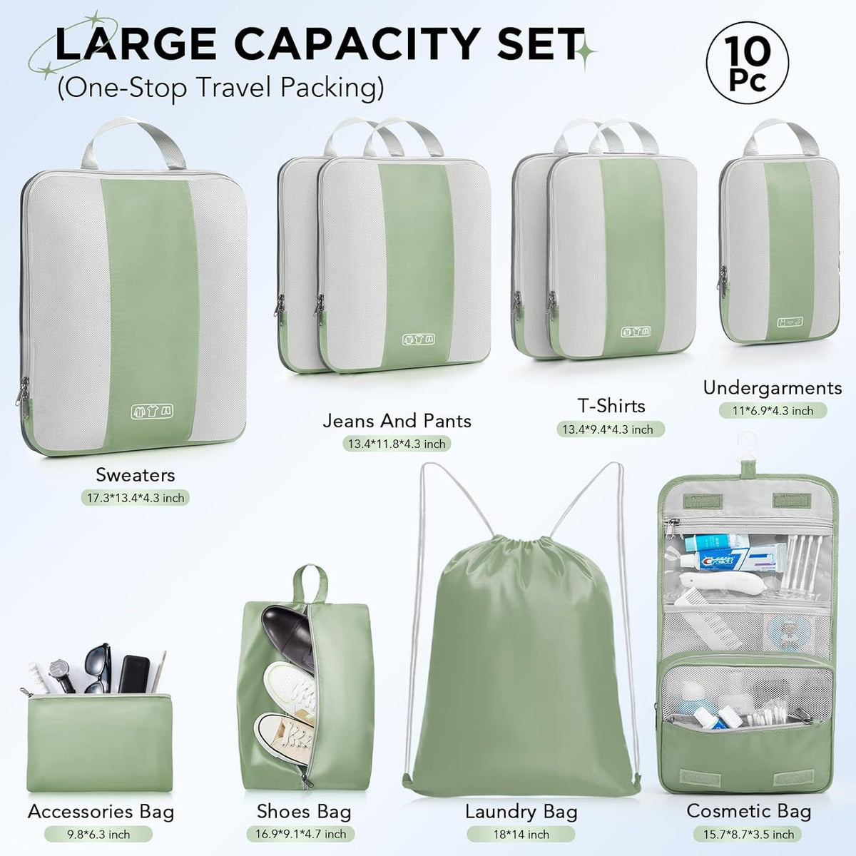 OlarHike | Compression Packing Cubes | 10 Sets | Matcha Green