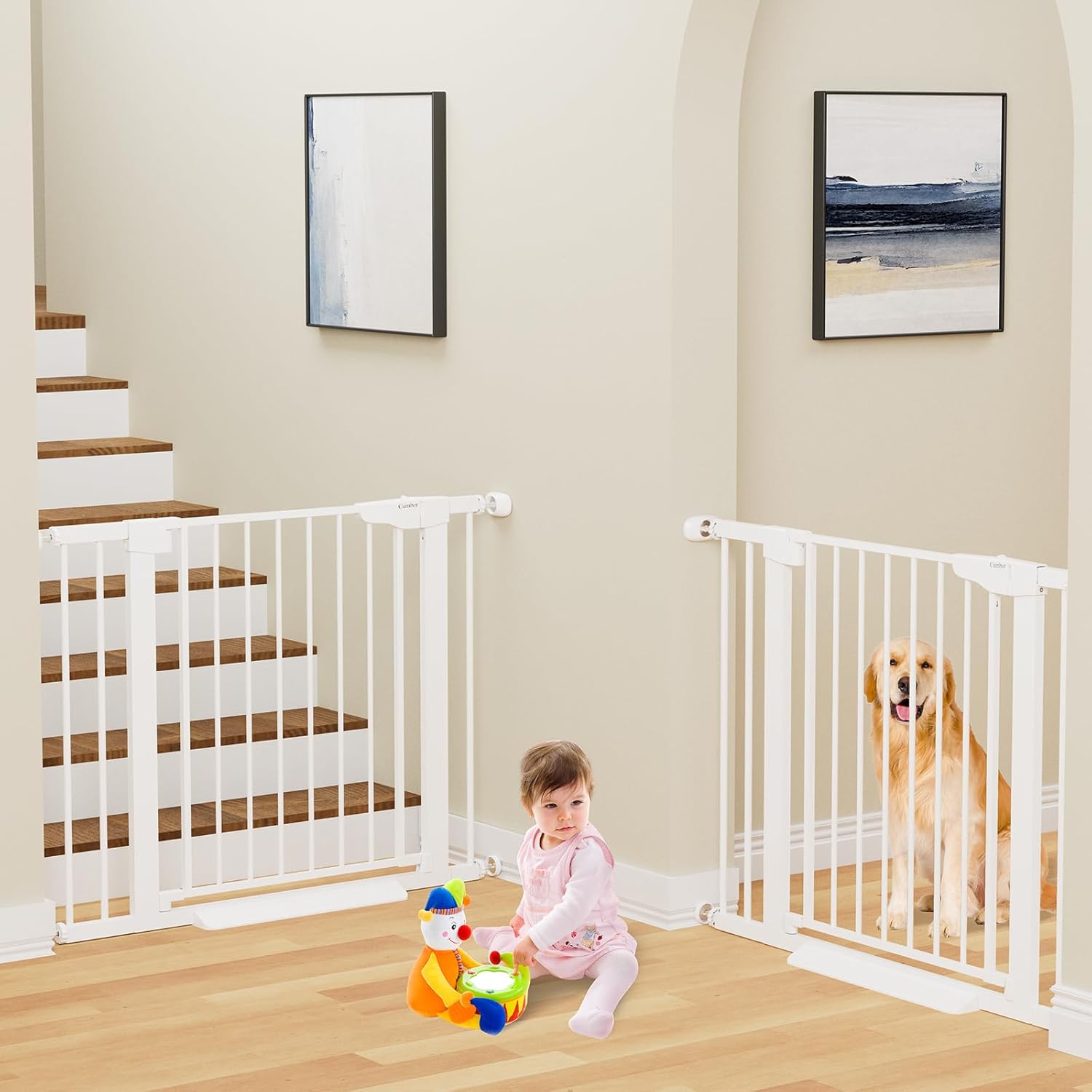Cumbor 2 Pack| 29.7"-40.6" x 30.5" | Baby Gate for Stairs | Mom's Choice Awards Winner | White - aborderproducts