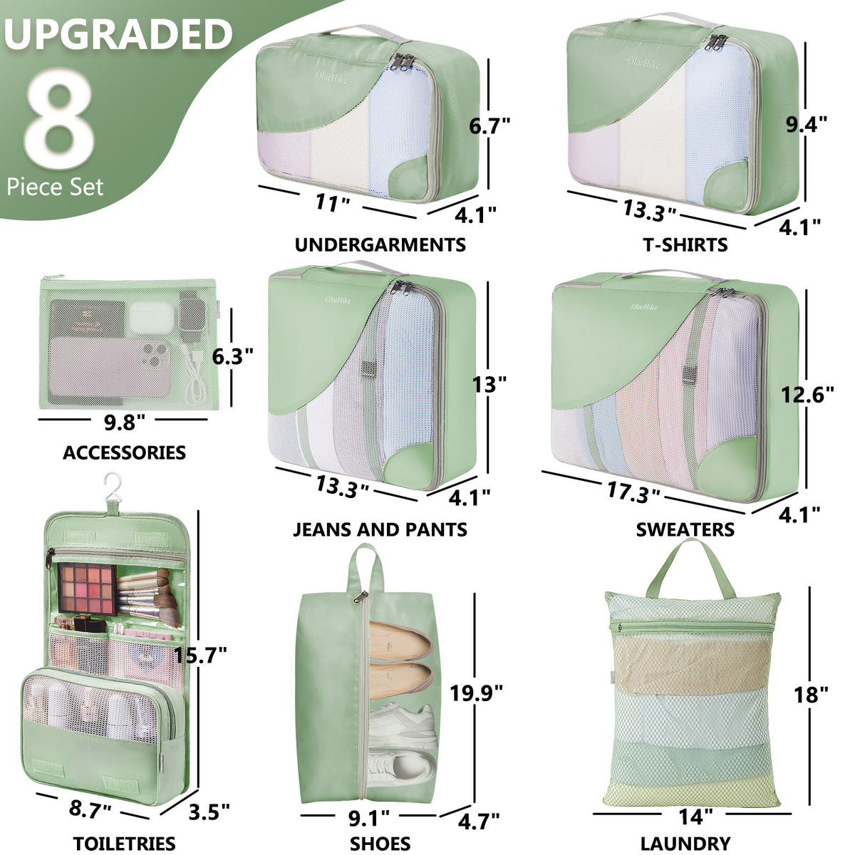 8 Set Packing Cubes for Travel, Anti-Tearing Suitcase Organizer for Luggage with Shoe & Hanging Toiletry Bag,Gifts for Women Mom,OlarHike Vacation Essentials & Accessories for Cruise Ship,Matcha Green