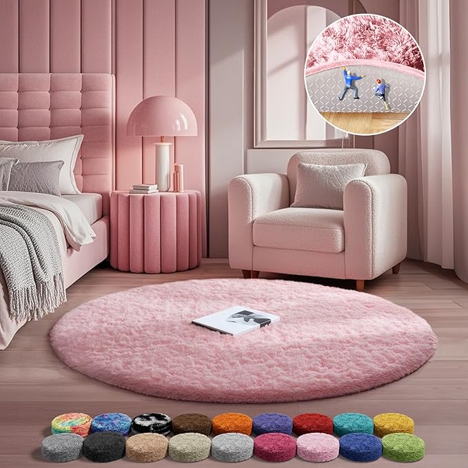Ophanie Pink Round Rug for Bedroom Girls, Kids Fluffy Kawaii Fuzzy Furry Shag Area Rug, Cute Plush Soft Shaggy Bedside Circular Rugs 4Ft, Carpet for Teen Nursery Dorm Home Room Decor Aesthetic - aborderproducts