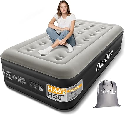 OlarHike Single Airbed XL, Inflatable Air Mattress with Built-in Pump, Blow Up Bed, Self Inflating Folding Guest Air bed with Flocked Surface For Camping & Home Use, 200cm L x 90cm W x 46cm H(Black)