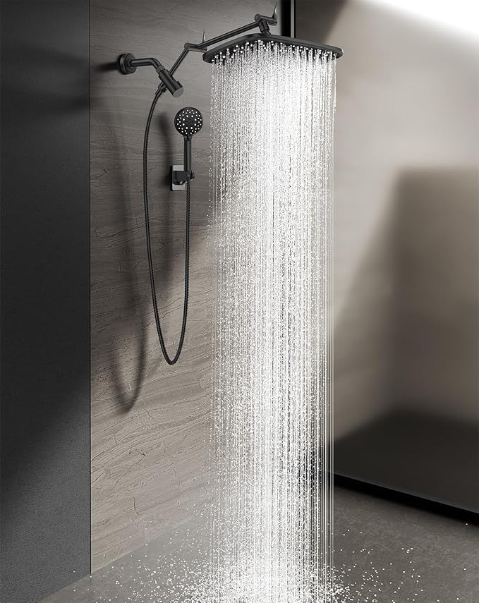 Wide Rain Shower Head with Handheld, High Pressure Handheld Shower Heads with Multi Spray Modes, Rainfall Combo with 15" Metal Extension Arm,Detachable Dual Shower, Extra Long 6 ft. Hose,Matte Black-zoom-1