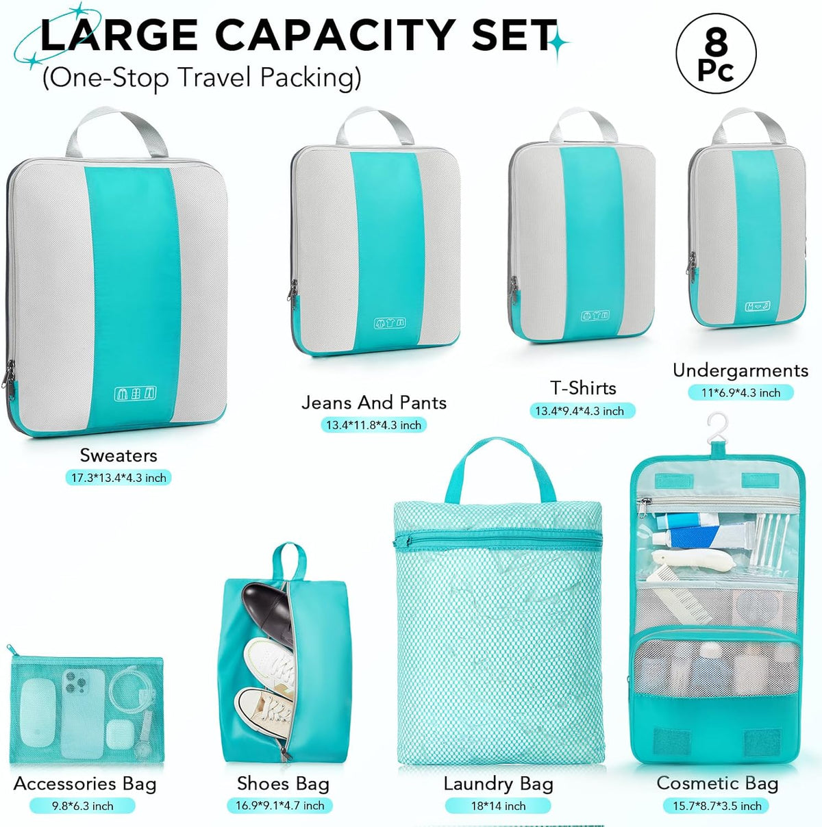 OlarHike | Compression Packing Cubes | 8 Set | Blue Green