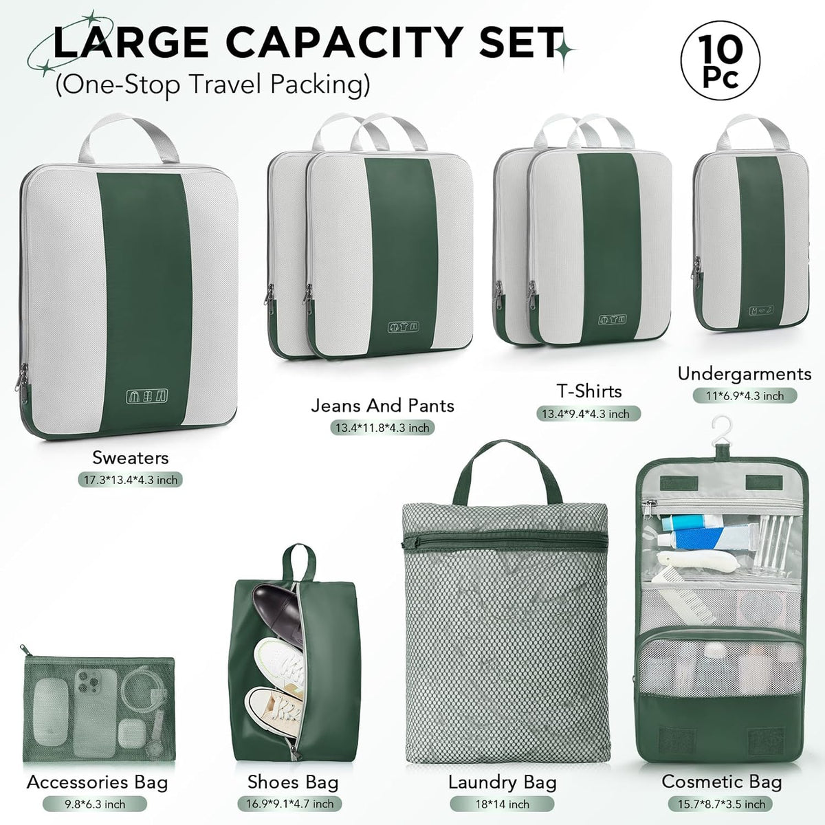 OlarHike | Compression Packing Cubes | 10 Set | Dark Green