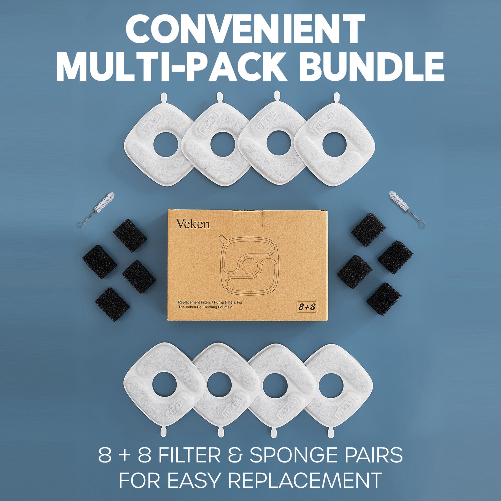 Veken | 8 Pack Replacement Filters & 8 Pack Replacement Pre-Filter Sponges Set | For 67oz, 95oz, 135oz Pet Fountain - aborderproducts