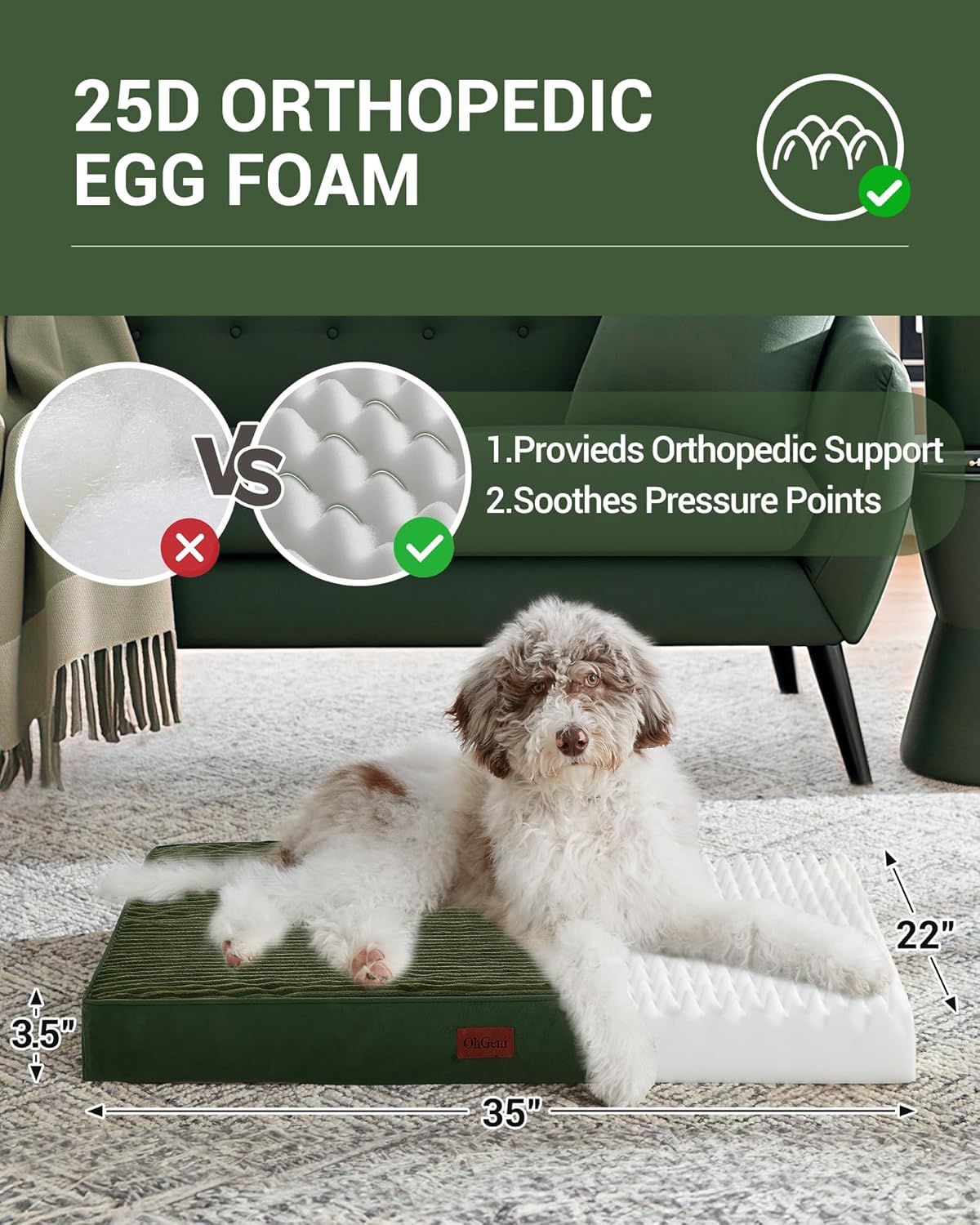 OhGeni | Dog Bed | 35 Inch | Dark Green