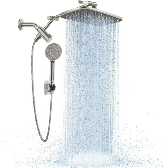 Veken Wide Brushed Nickel Rain Shower Head with Handheld, High Pressure Rainfall Showerhead Combo with Arm for Bathroom Accessories, Home Decor, Detachable Dual Shower with Multi Modes Handheld Spray-zoom-