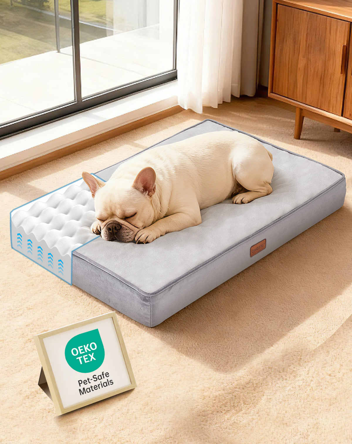 OhGeni Orthopedic Waterproof Bed for Dogs & Cats - Machine Washable Pet Bed with 25D Egg Crate Foam, Non-Slip Bottom & Removable Cover, Gray, 30 inch - aborderproducts