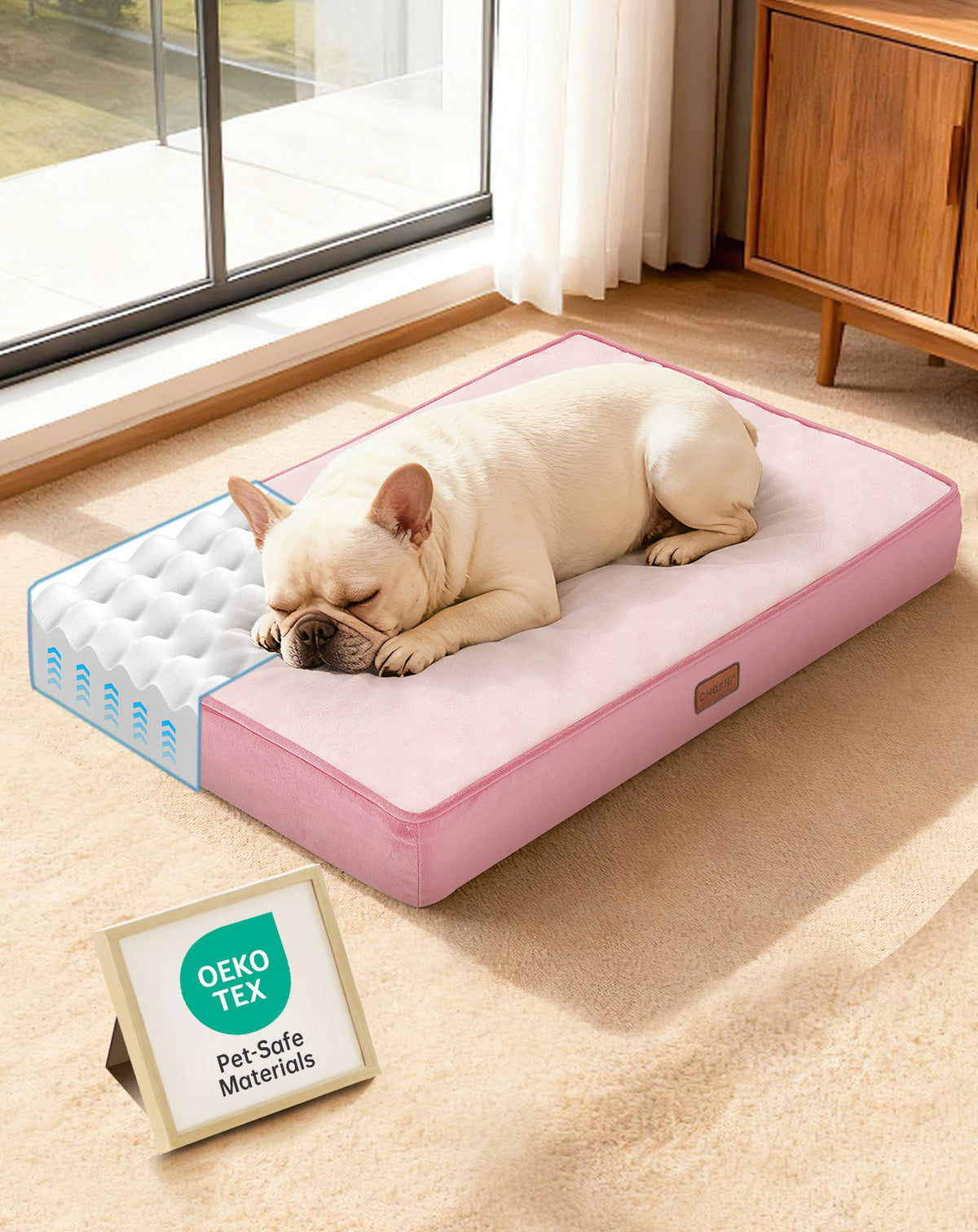 OhGeni Orthopedic Waterproof Bed for Dogs & Cats - Machine Washable Pet Bed with 25D Egg Crate Foam, Non-Slip Bottom & Removable Cover, Pink, 30 inch - aborderproducts