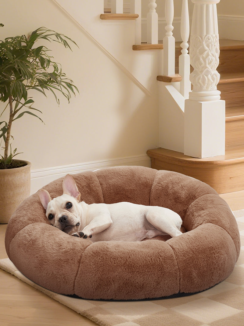 OhGeni 31 inches Calming Donut Dog & Cat Bed for Medium Pets, Warming Comfort Fluffy Short Pile Fur, Durable Waterproof Machine Washable Removable Cover, Cute Round Bed for Puppy and Kitten, Brown-zoom-