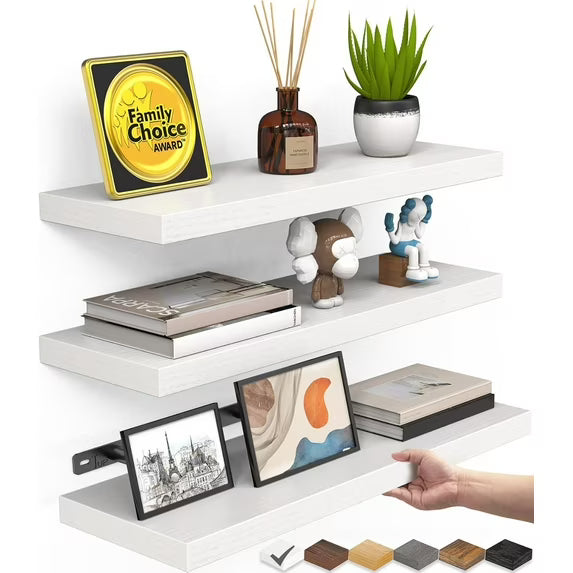 BAYKA Floating Shelves for Wall – Rustic Wood Wall Shelves with Metal Brackets for Bathroom, Bedroom, Kitchen, or Living Room Decor – White, 3 Set, Sturdy Storage with 22lb Capacity