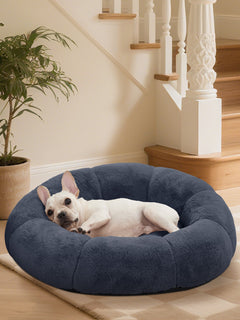 OhGeni 31 inches Calming Donut Dog & Cat Bed for Medium Pets, Warming Comfort Fluffy Short Pile Fur, Durable Waterproof Machine Washable Removable Cover, Cute Round Bed for Puppy and Kitten, Blue - aborderproducts