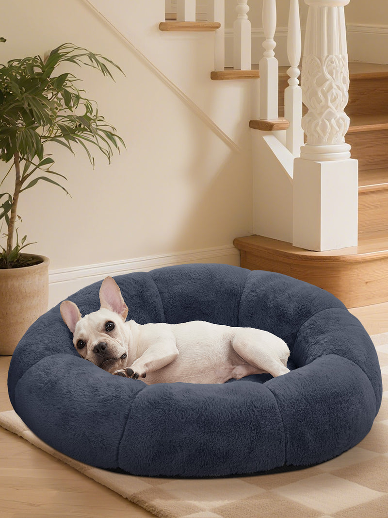 OhGeni 31 inches Calming Donut Dog & Cat Bed for Medium Pets, Warming Comfort Fluffy Short Pile Fur, Durable Waterproof Machine Washable Removable Cover, Cute Round Bed for Puppy and Kitten, Blue-zoom-