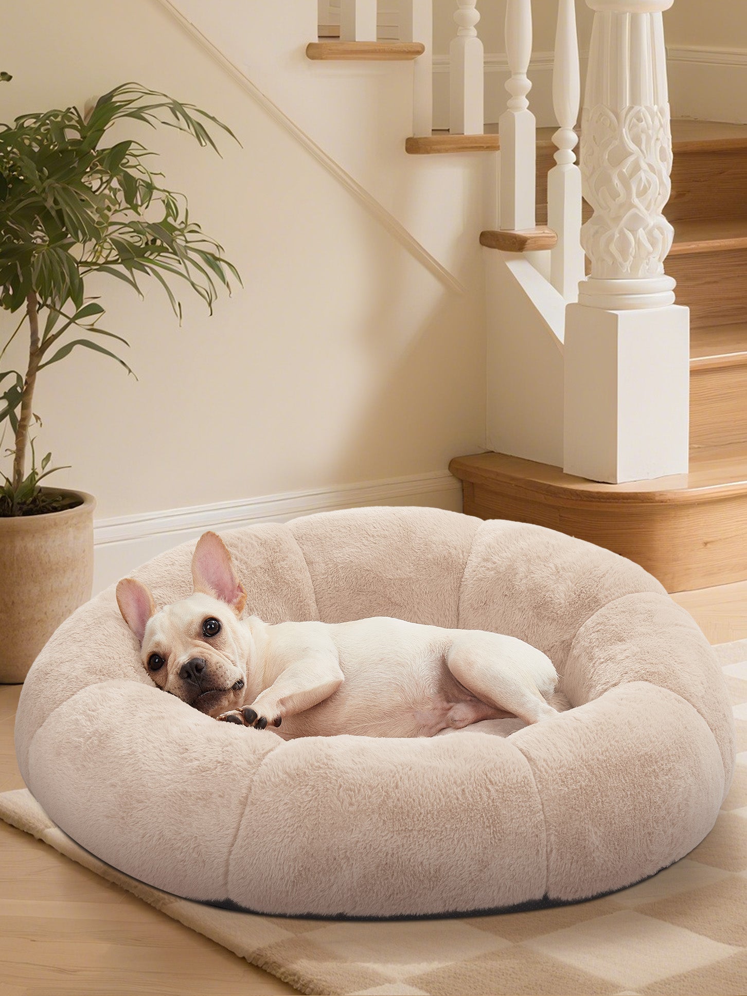 OhGeni 31 inches Calming Donut Dog & Cat Bed for Medium Pets, Warming Comfort Fluffy Short Pile Fur, Durable Waterproof Machine Washable Removable Cover, Cute Round Bed for Puppy and Kitten, Cream - aborderproducts