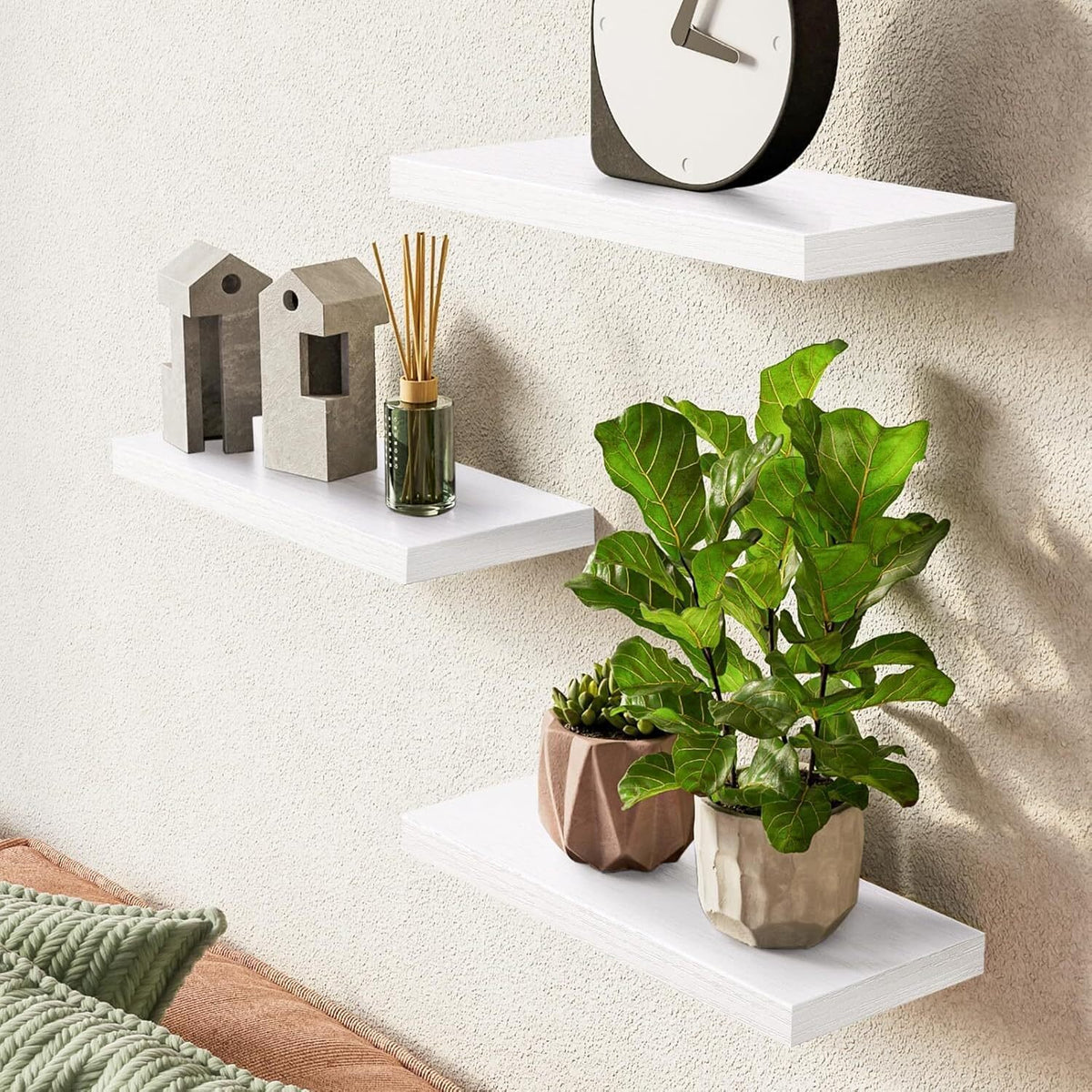 BAYKA Floating Shelves for Wall – Rustic Wood Wall Shelves with Metal Brackets for Bathroom, Bedroom, Kitchen, or Living Room Decor – White, 3 Set, Sturdy Storage with 22lb Capacity