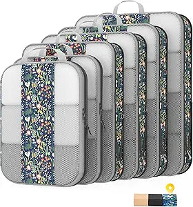 6 Set Compression Packing Cubes for Travel Essentials,Compressible Expandable Packing Cubes for Suitcase,OlarHike Luggage Organizer Bags,Handy Helper for Organizing Clothes(Dark Blue Floral) - aborderproducts