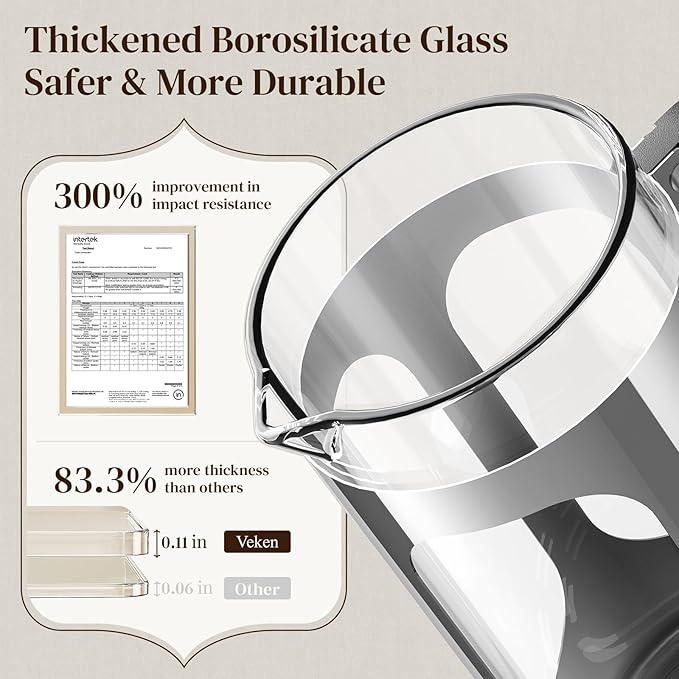 Veken French Press Coffee Maker 34oz 1 L, Heat Resistant Thickened Borosilicate Glass, No Plastic Touching Cafe, Stainless Steel Brewer, Cold Brew Cafetera Teapot for Kitchen Travel Camping, Silver - aborderproducts