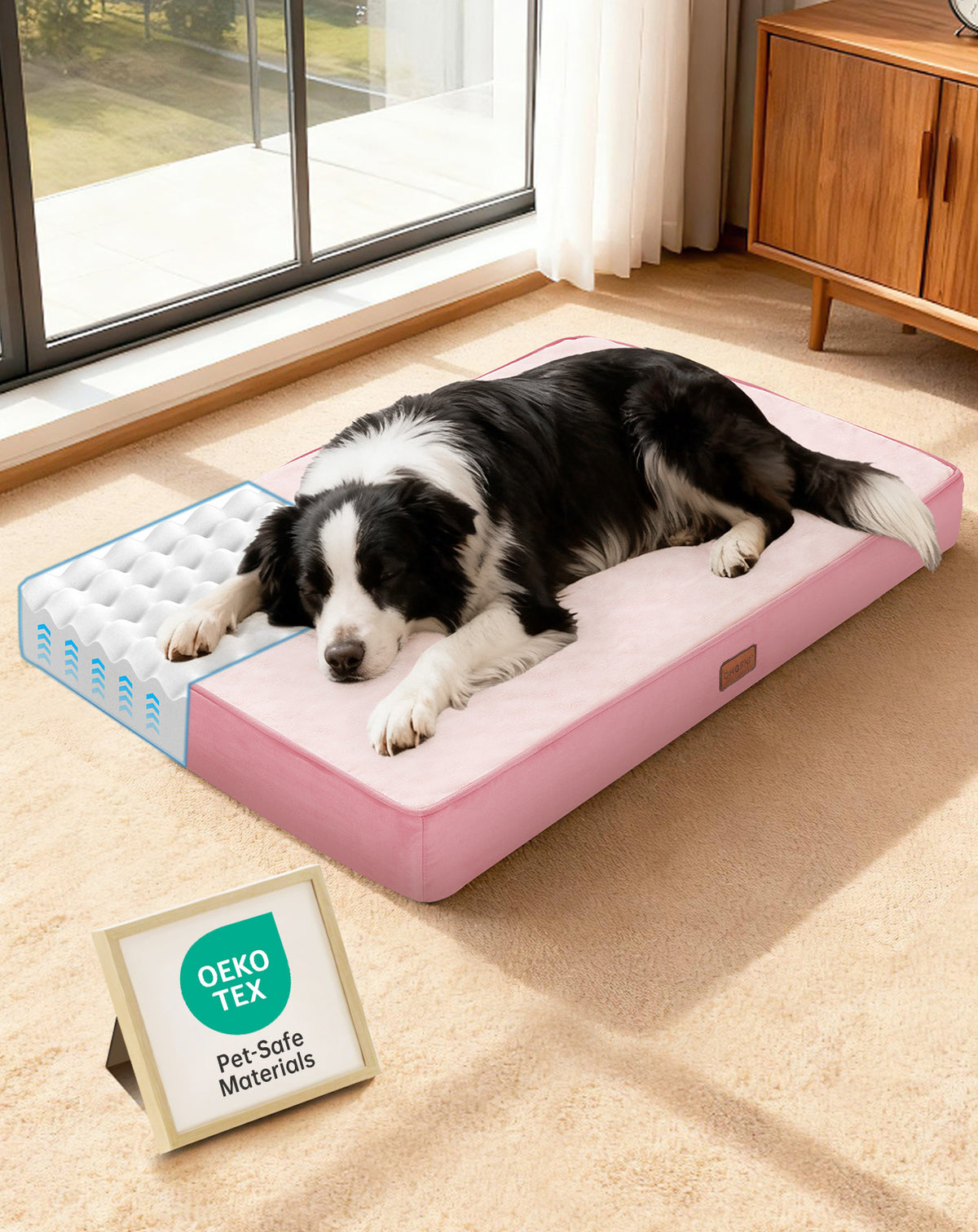 OhGeni Orthopedic Waterproof Bed for Dogs & Cats - Machine Washable Pet Bed with 25D Egg Crate Foam, Non-Slip Bottom & Removable Cover, Pink, 35 inch - aborderproducts