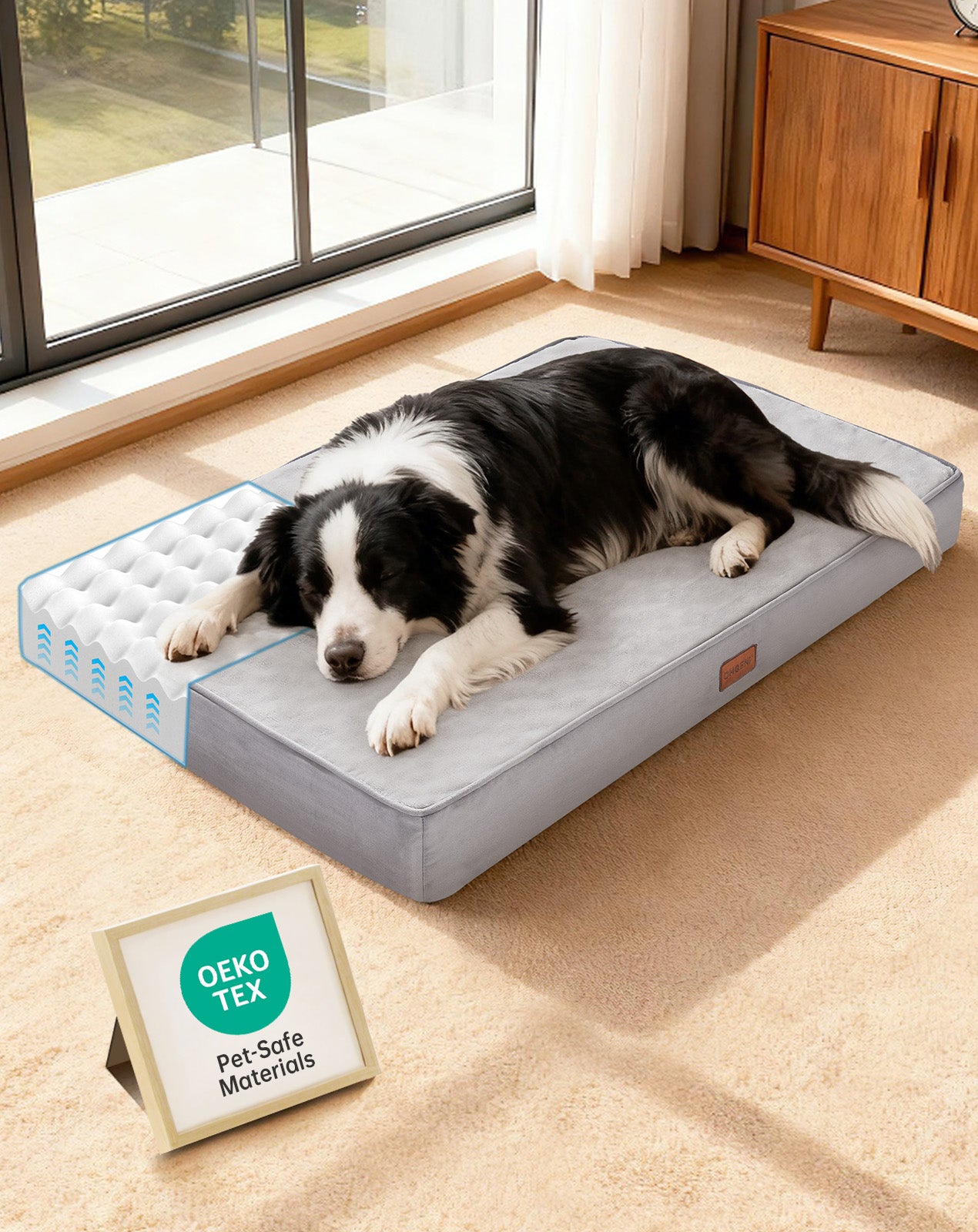 OhGeni Orthopedic Waterproof Bed for Dogs & Cats - Machine Washable Pet Bed with 25D Egg Crate Foam, Non-Slip Bottom & Removable Cover, Gray, 35 inch - aborderproducts