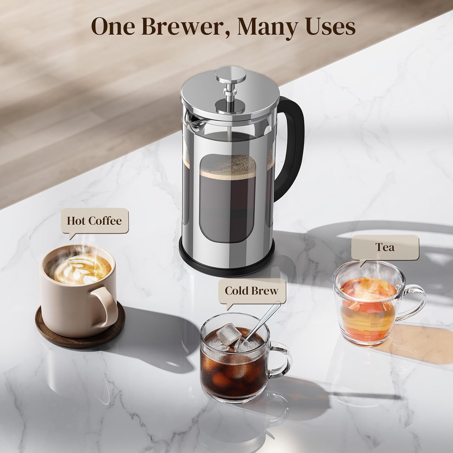 Veken French Press Coffee Maker 34oz 1 L, Heat Resistant Thickened Borosilicate Glass, No Plastic Touching Cafe, Stainless Steel Brewer, Cold Brew Cafetera Teapot for Kitchen Travel Camping, Silver - aborderproducts