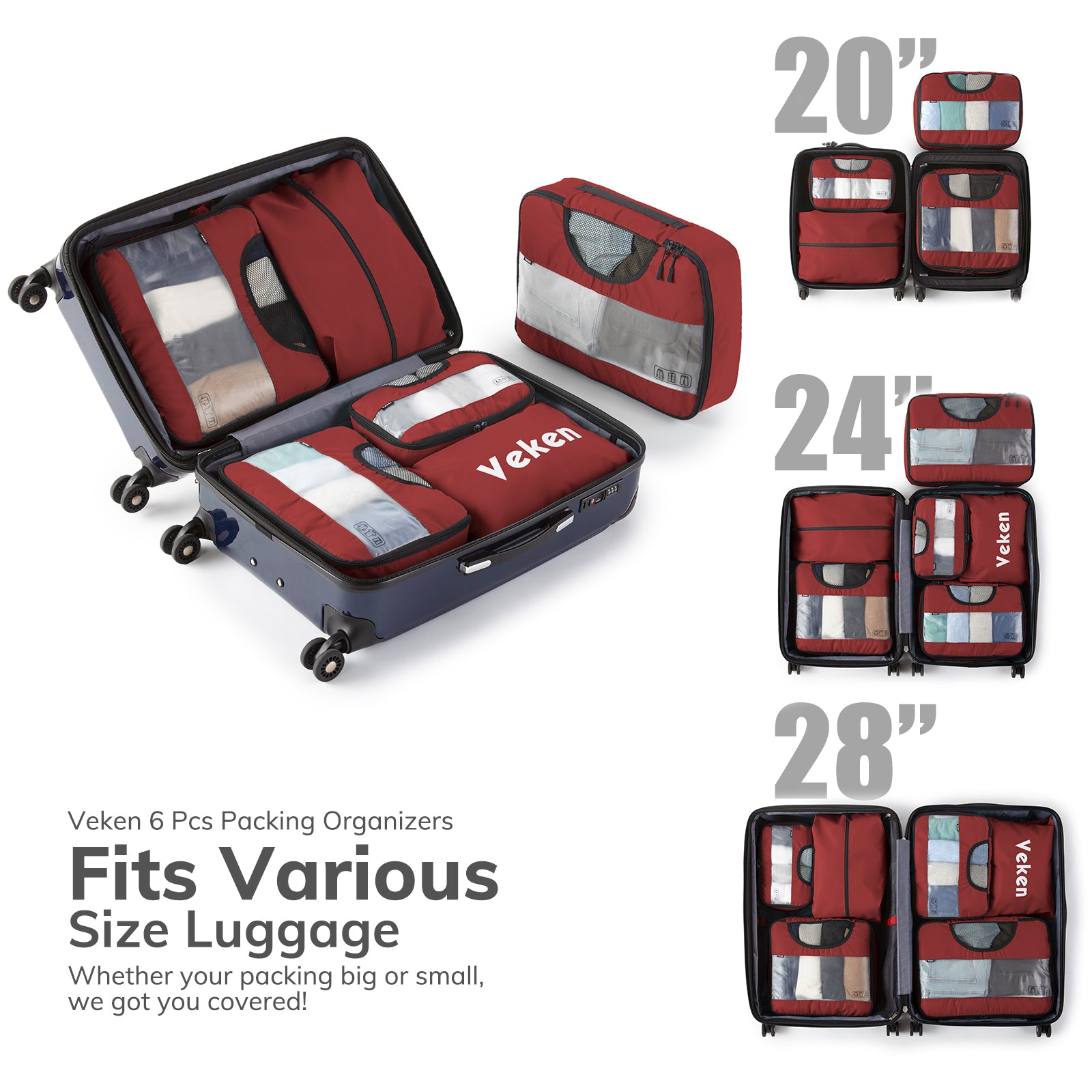 Packing Cubes | 8 Set | Color Red | Veken - aborderproducts