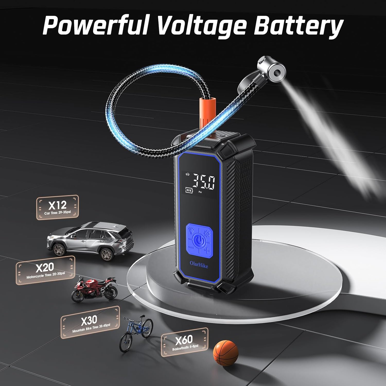 OlarHike Cordless Electric Tire Inflator Portable Air Compressor, Auto Air Pump for Car Tires,SUV,Bicycle, Bike,motorcycle,ball, Tire Inflator with Digital Pressure Gauge, Smart Pump with LED Light, Blue - aborderproducts