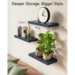 BAYKA Floating Shelves for Wall, Wall Mounted Rustic Wood Shelves for Bathroom, Bedroom, Living Room, Kitchen, Hanging Shelf for Books/Storage/Room Decor with 22lbs Capacity (Black, 3 Set, 15.7in)